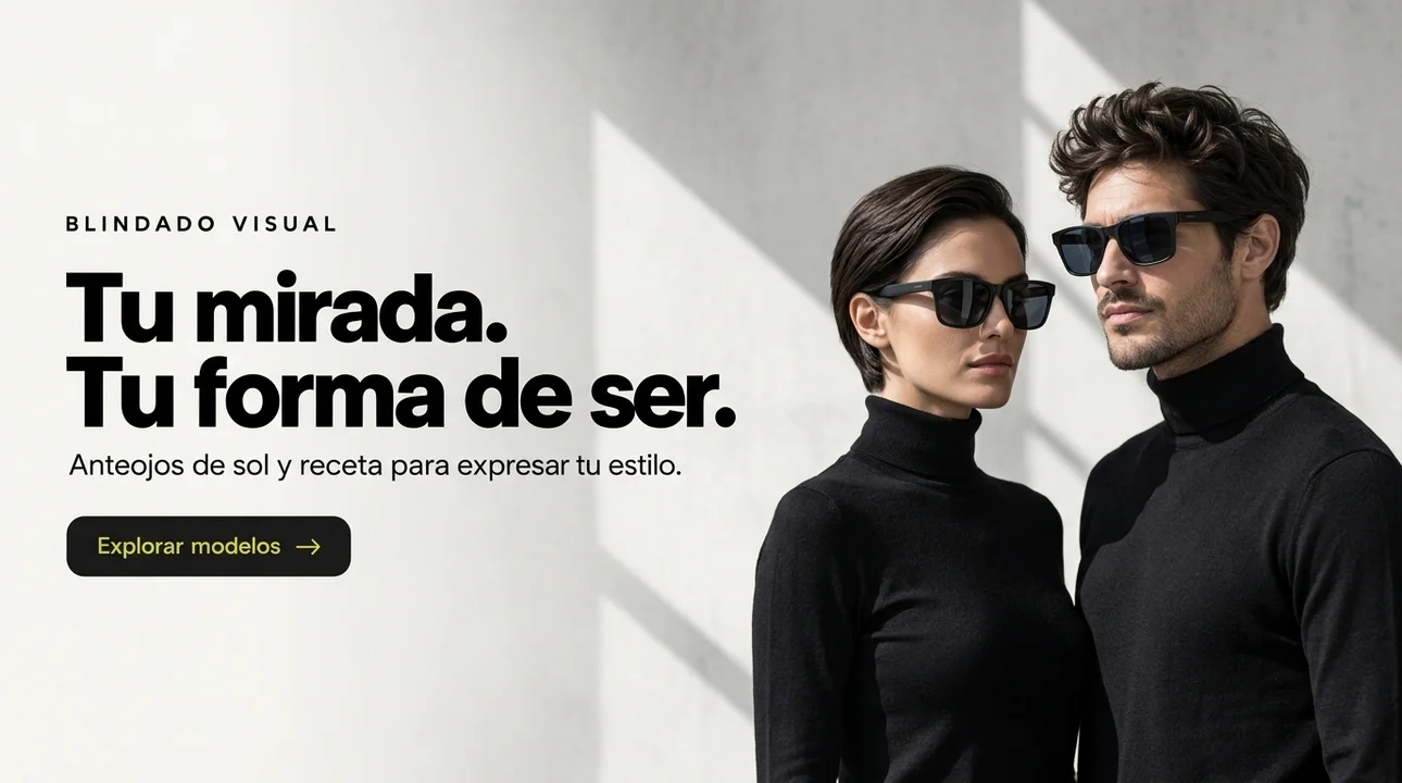 Campaña unisex: modelos luciendo anteojos de sol y receta de diseño.
